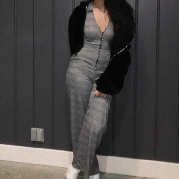 Thick grey plaid shirt sleeve jumpsuit - Picture 4 of 4